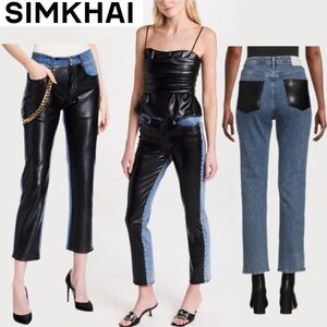 Jonathan Simkhai River High Rise Straight Jeans Black Vegan Leather Edgy Blue 28